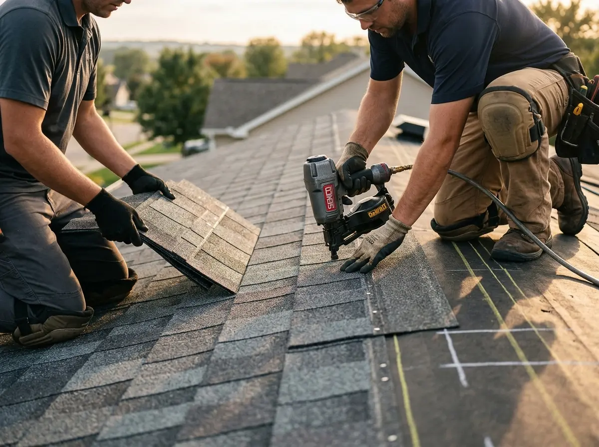 Professional roofer working on a residential roof in Gouverneur